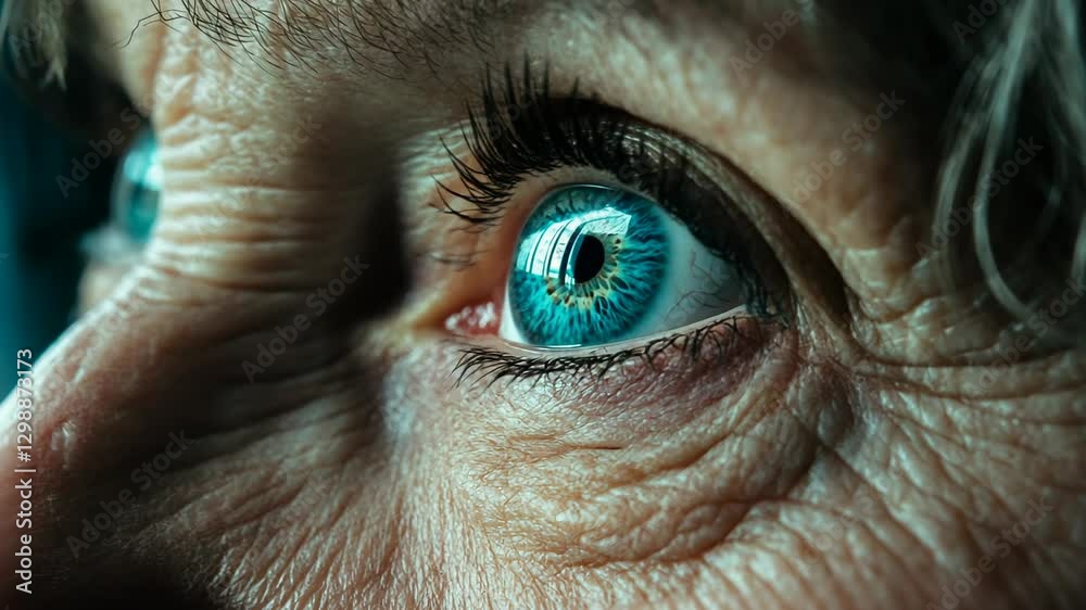 Unique close-up of an elderly person's bright blue eye showcasing intricate details and vibrant color accentuating age lines Unique close-up of an elderly person's bright blue eye showcasing intricate details and vibrant color accentuating age lines
