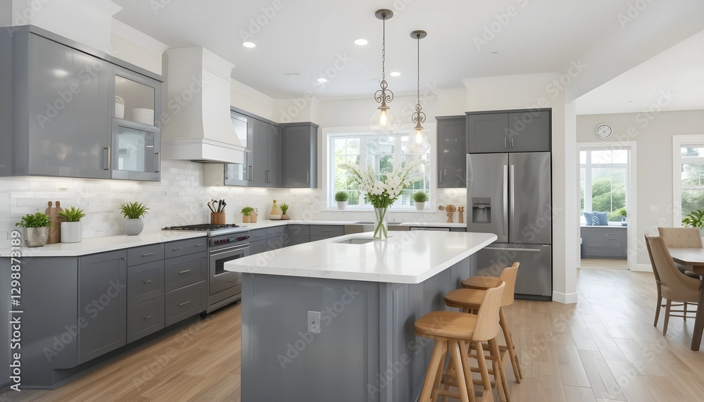 Fototapeta premium Modern Kitchen with White Countertops and Dark Gray Cabinets