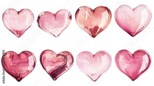 Pink hearts collection, isolated, white background, smooth texture, romantic design elements