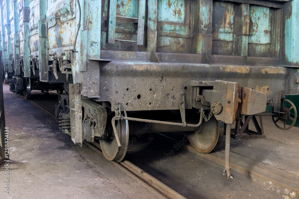 Weathered train car rests is under restoration in an industrial setting, reflecting years of use neglect Weathered train car rests is under restoration in an industrial setting, reflecting years of use neglect