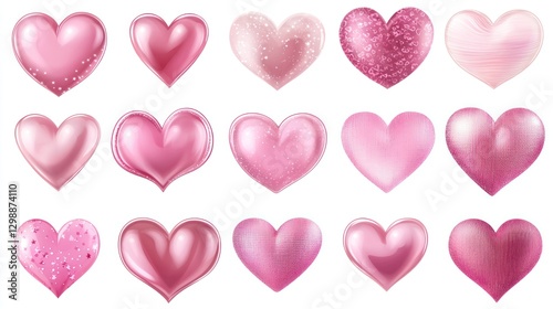 Pink hearts collection, isolated, white background, smooth texture, romantic design elements
