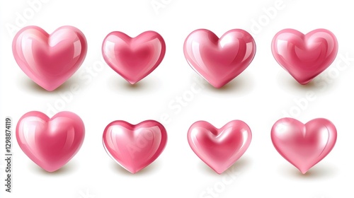 Set of pink hearts, isolated on white background, various sizes, realistic vector illustration