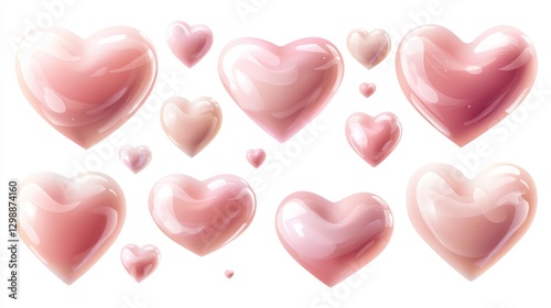 Set of pink hearts, isolated on white background, various sizes, realistic vector illustration