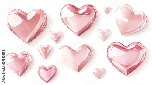 Set of pink hearts, isolated on white background, various sizes, realistic vector illustration
