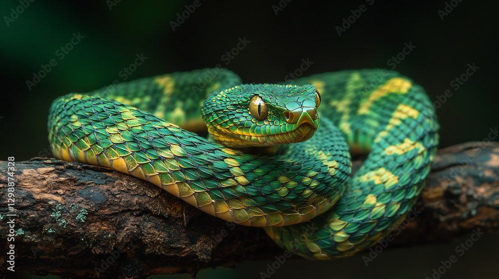 Fototapeta premium Venomous Bush Viper coiled on a tree branch its rough textured scales forming an intricate mosaic of green and gold piercing eyes glowing in the dim light