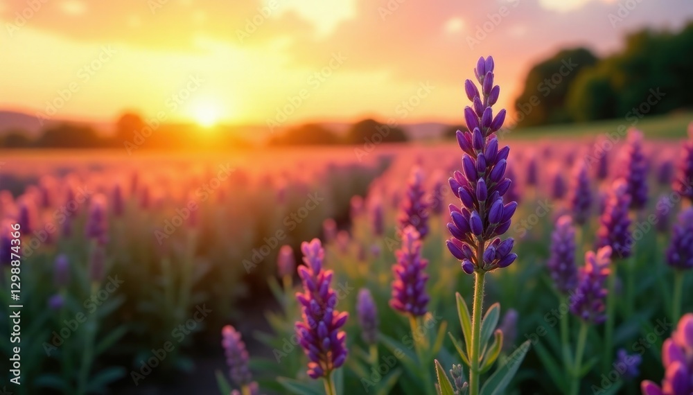 Fototapeta premium Softly glowing lavender in a lush meadow at sunset, orange, blossoms