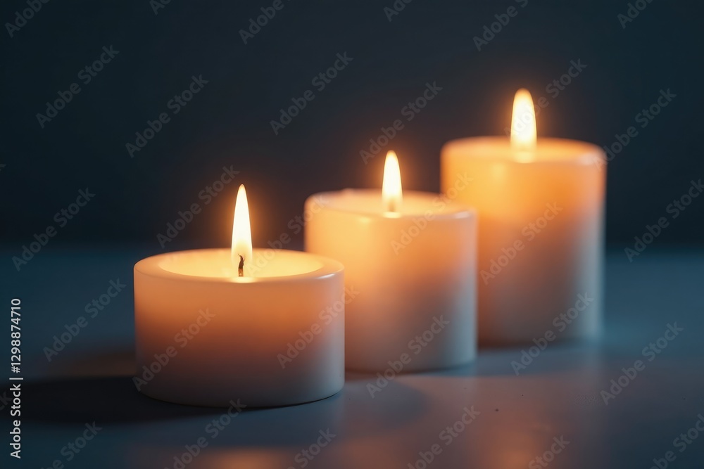 Softly glowing three white candles illuminate a serene atmosphere, candles, glow, light Softly glowing three white candles illuminate a serene atmosphere, candles, glow, light
