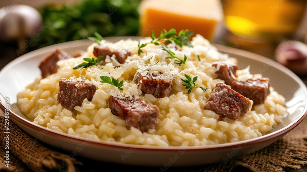Slow cook rice: Easy cooking. Creamy risotto with tender beef and herbs on a rustic table. Slow cook rice: Easy cooking. Creamy risotto with tender beef and herbs on a rustic table.