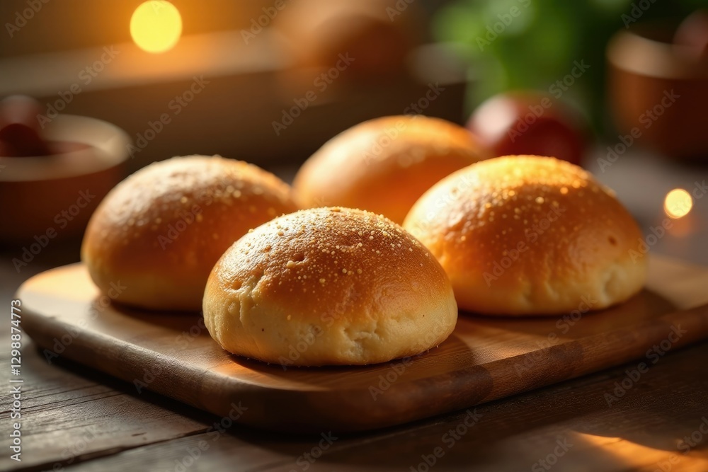 Softly glowing warm light on freshly baked buns, light, homemade, warmth Softly glowing warm light on freshly baked buns, light, homemade, warmth