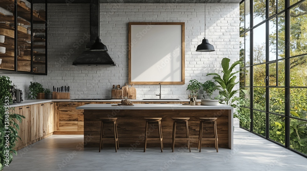 Modern Kitchen with Wooden Cabinets and Garden View Modern Kitchen with Wooden Cabinets and Garden View