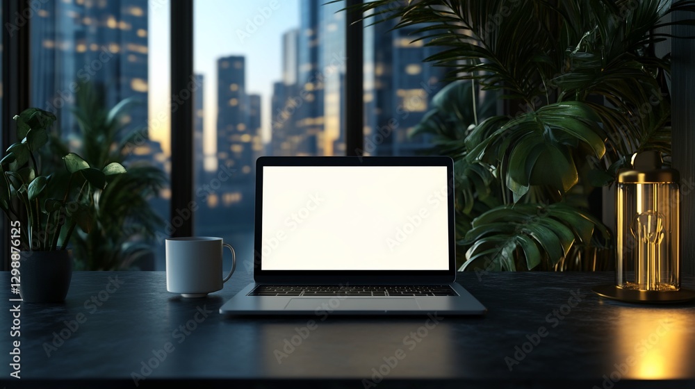 Fototapeta premium Modern Laptop Workspace City View