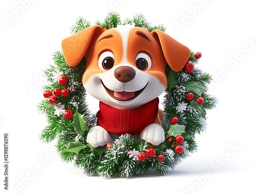 Festive dog in holiday wreath home cartoon image cheerful playful