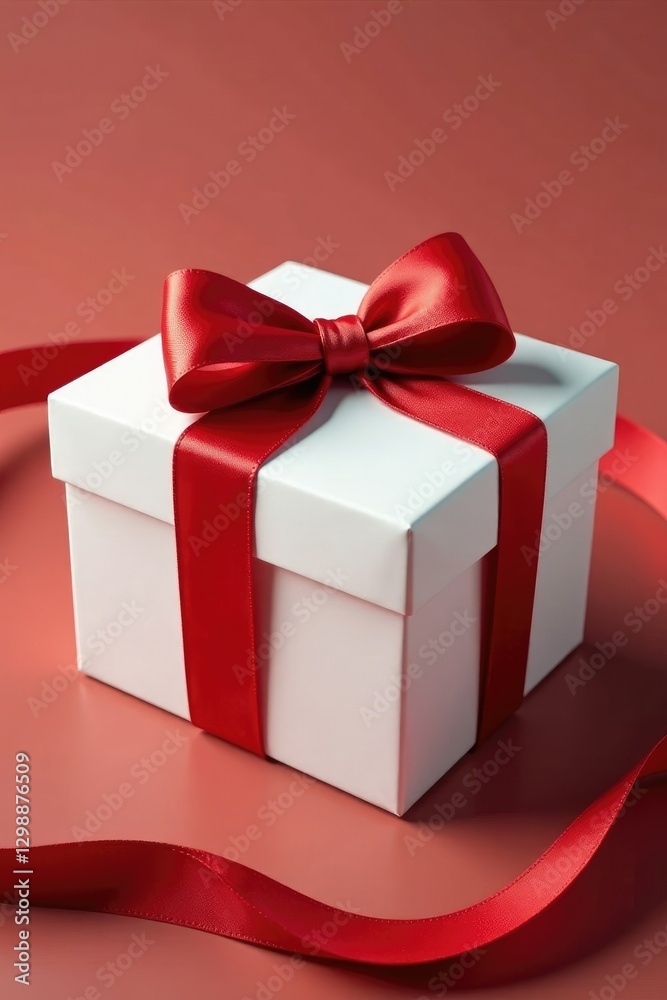 Obraz premium White gift box wrapped in a long red ribbon with a bow tie, bow tie, present