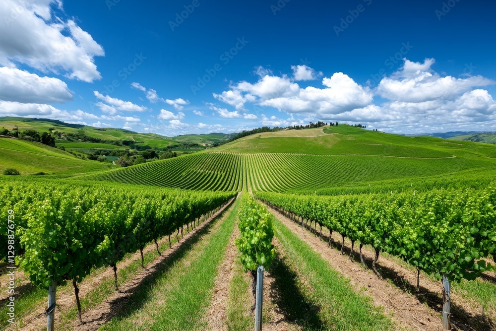 A peaceful vineyard field with rows of grapevines stretching toward a rolling hillside