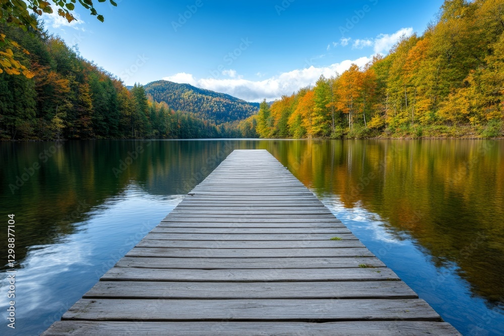 A peaceful wooden dock extending into a calm river, perfect for fishing A peaceful wooden dock extending into a calm river, perfect for fishing