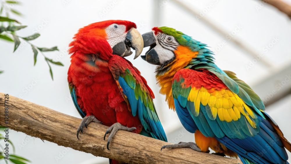 Fototapeta premium Affectionate scarlet macaws with a loving mood, interacting closely on a branch in a natural habitat