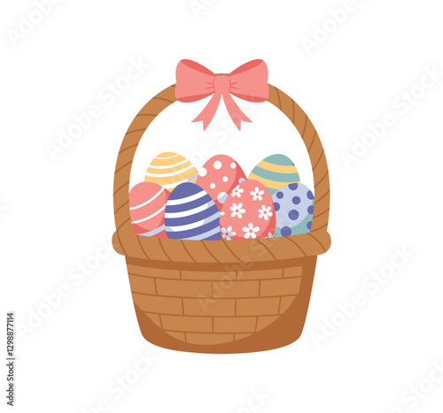 Easter eggs basket in a flower field on white background
