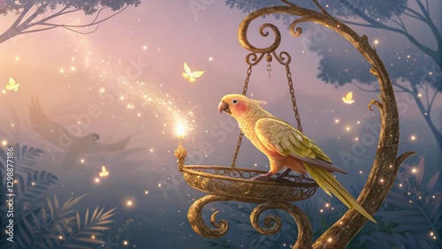 Enchanted cockatoo with a magical mood, perched on a whimsical scale amidst a dreamlike forest background