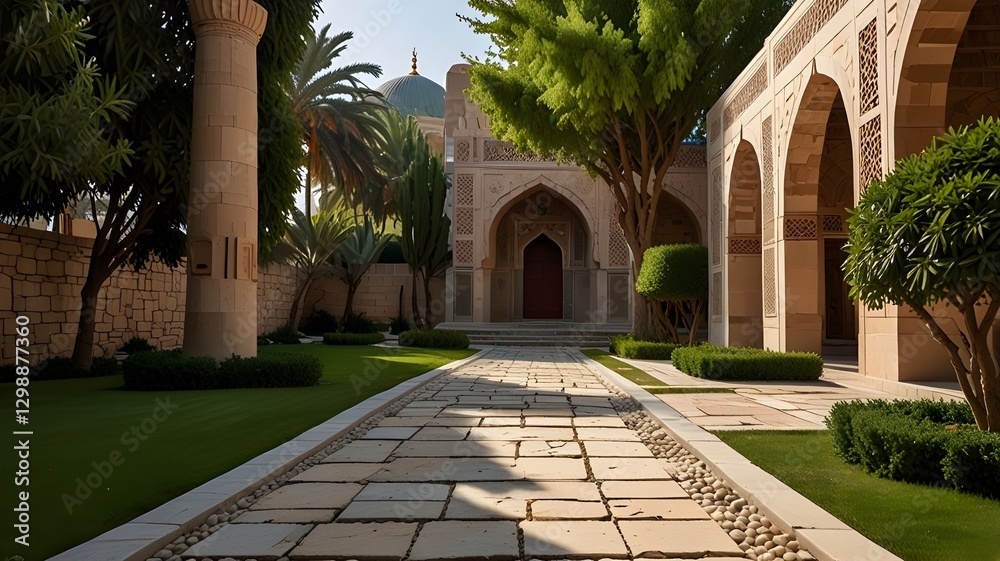 Fototapeta premium A traditional stone path leading through a peaceful garden to a mosque