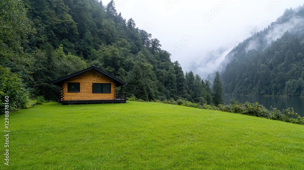 Wooden Cabin on a grassy hill overlooking a lake and misty mountains. Possible use for nature, vacations or getaways Wooden Cabin on a grassy hill overlooking a lake and misty mountains. Possible use for nature, vacations or getaways