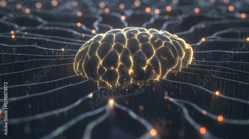 A brain composed of interconnected glowing nodes, floating in a high-tech environment, symbolizing AI and human intelligence.