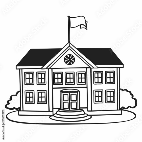 black and white School building line icon in white background