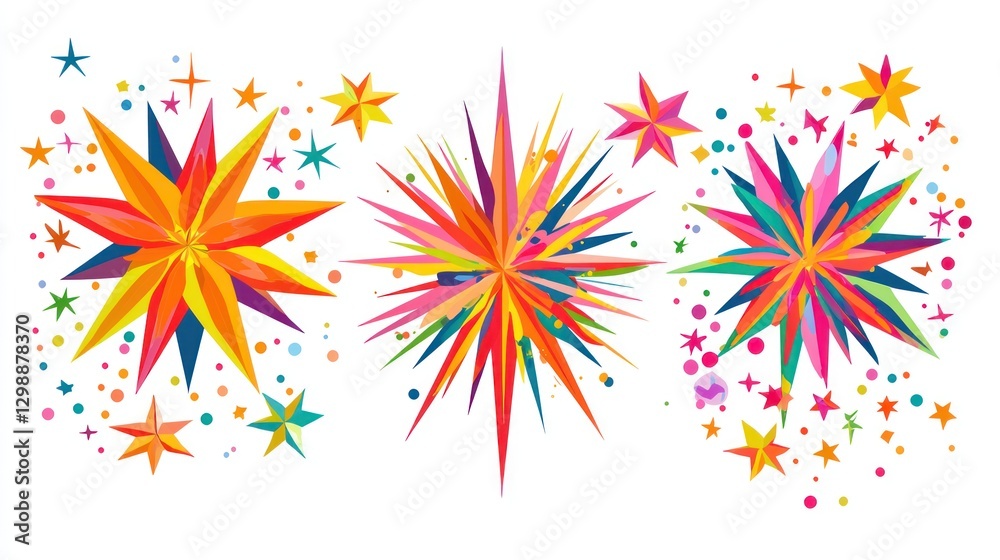 Vibrant cosmic star patterns, bright colors, abstract elements, set on white background, mystical design Vibrant cosmic star patterns, bright colors, abstract elements, set on white background, mystical design