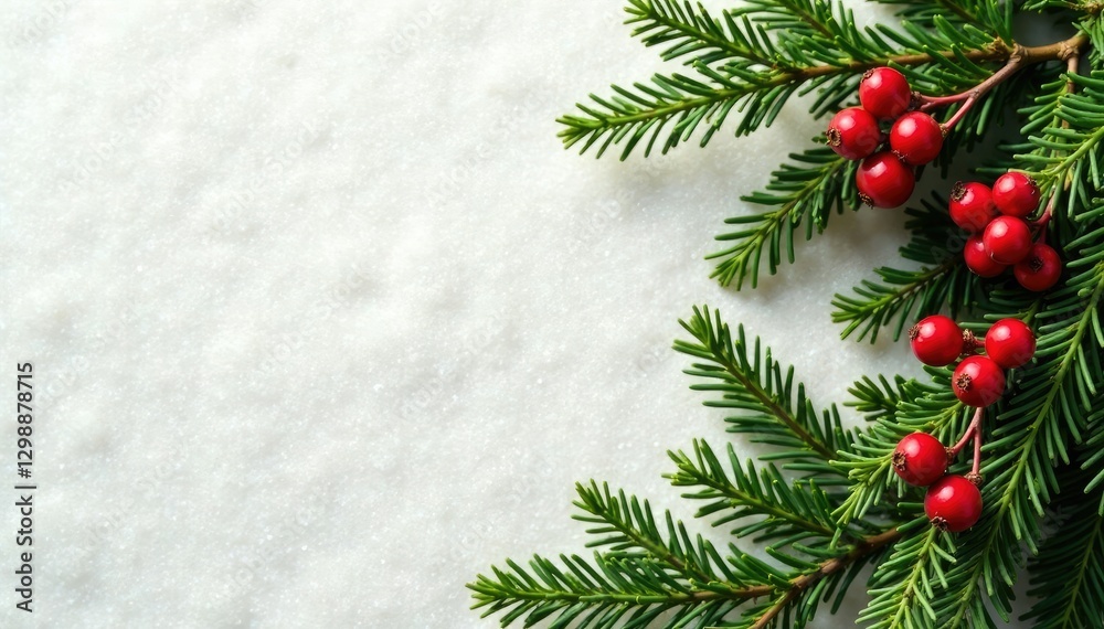 Winter berries and evergreen branches against a soft white wool boucle background, greenery, plants, botanical Winter berries and evergreen branches against a soft white wool boucle background, greenery, plants, botanical