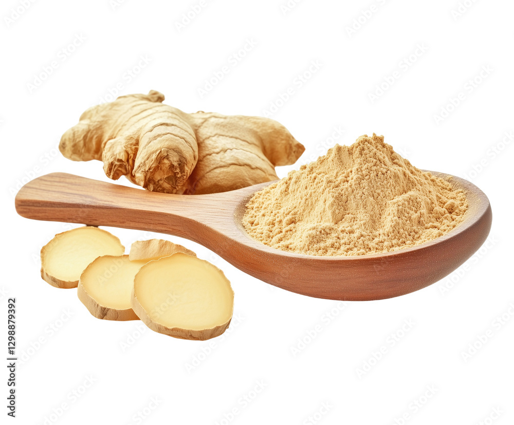 Fototapeta premium Fresh and Ground Ginger with Slices on Transparent Background for Herbal and Cooking Uses