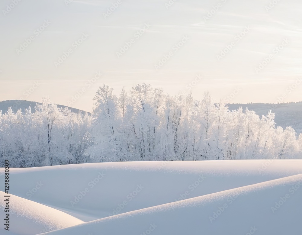 A serene winter landscape showcasing frost-covered trees and soft, undulating snowdrifts. A serene winter landscape showcasing frost-covered trees and soft, undulating snowdrifts.