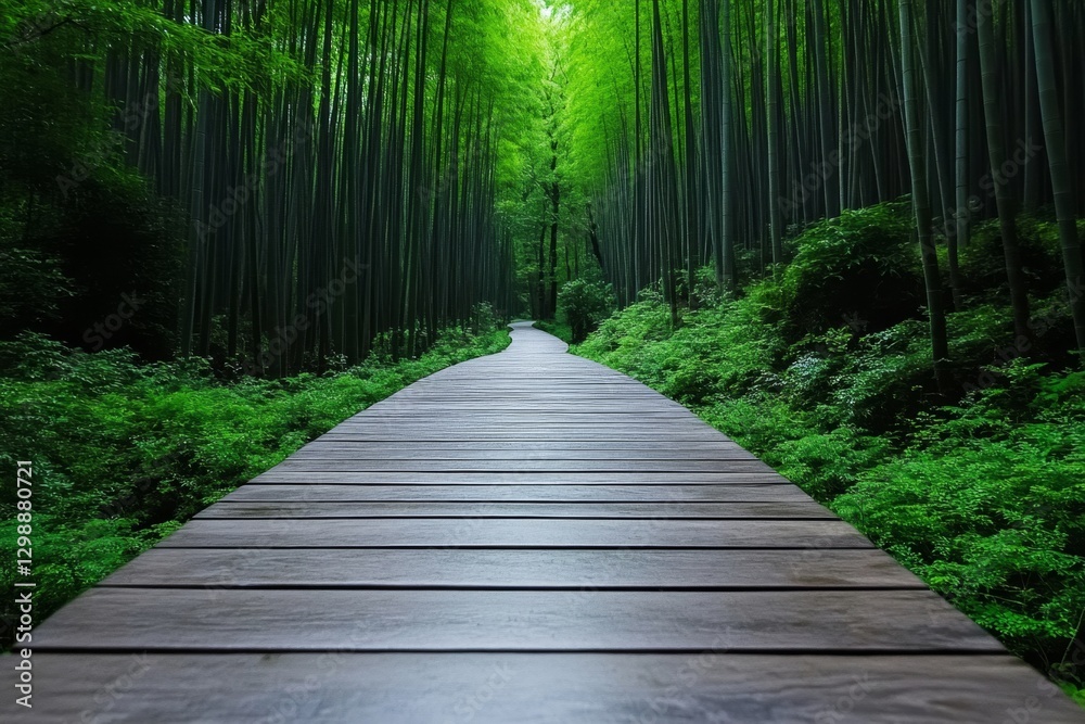 Obraz premium A serene bamboo forest with a wooden pathway leading into the misty distance