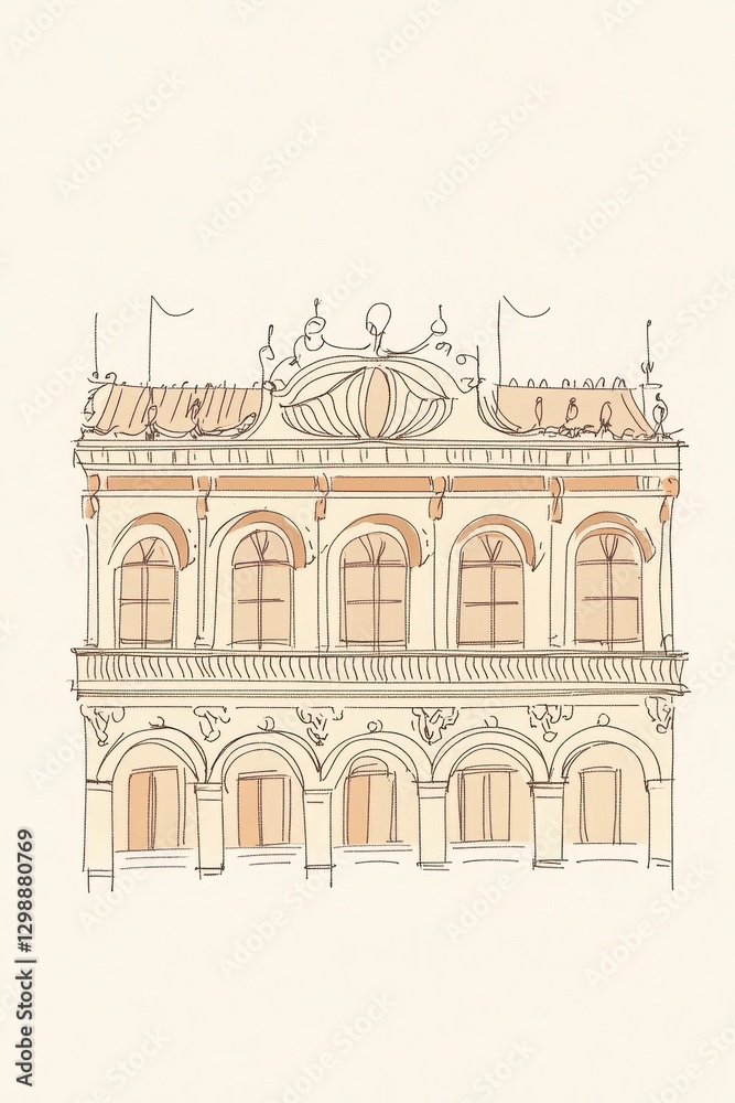 Fototapeta premium Beige And Brown Vintage Building Illustration Artpiece Design Image Representation Visual Art Graphic Illustration Sketch Drawing Painting Illustration Art Graphic Design Architectural Drawing
