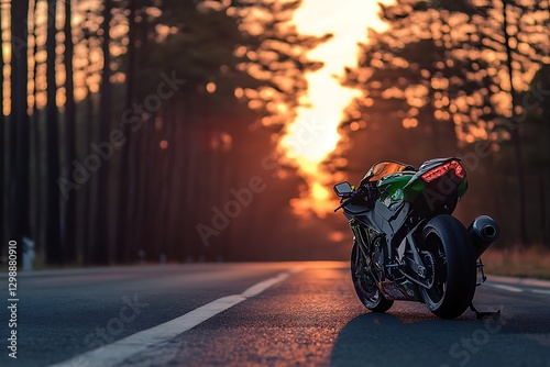 Kawasaki Ninja Motorcycle at Sunset on a Forest Road