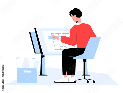 Male Architect Working on Blueprint at Drafting Table in Flat Vector Illustration Symbolizing Technical Drawing, Construction Planning, and Urban Development, Isolated on White Background