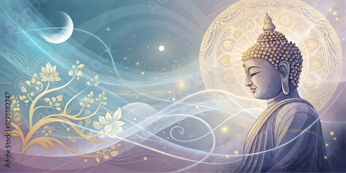 Abstract blue-gray background vector with luxury blue-gold wave lines. Includes Buddha statue, Thai temple, Thai culture, Asian tribe.