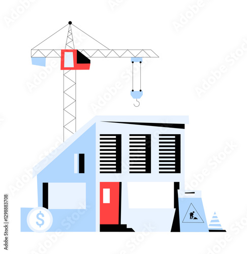 Tower Crane Building A Modern House In Flat Vector Illustration Symbolizing Real Estate Development, Construction Progress, And Urban Growth, Isolated On White Background.