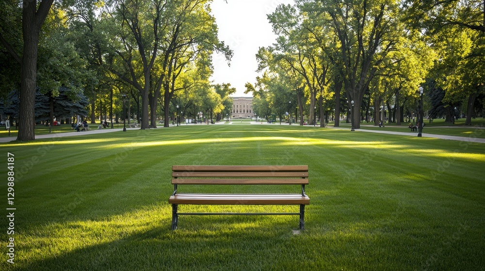 A serene park scene featuring a lonely wooden bench on vibrant green grass, framed by tall trees and dappled sunlight. A serene park scene featuring a lonely wooden bench on vibrant green grass, framed by tall trees and dappled sunlight.