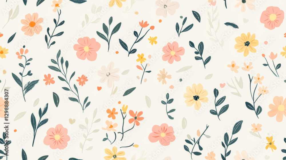 Seamless tiny floral pattern with hand-drawn flowers and pastel colors