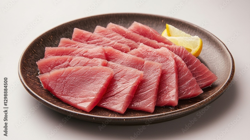 Fresh, thinly sliced tuna sashimi on a dark plate, garnished with a lemon wedge, showcasing vibrant pink hues. Fresh, thinly sliced tuna sashimi on a dark plate, garnished with a lemon wedge, showcasing vibrant pink hues.