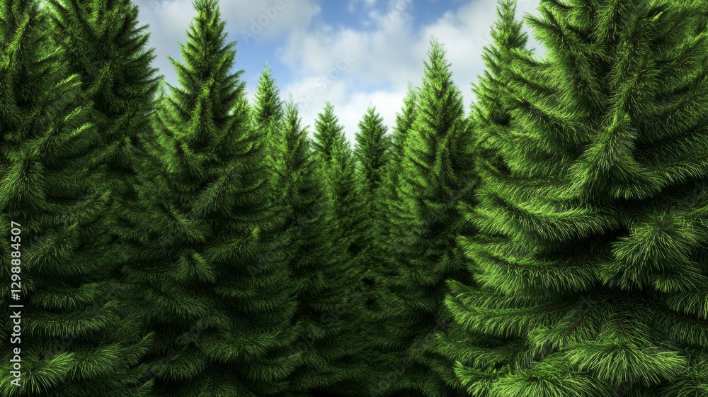 Obraz premium Lush Green Coniferous Forest Under a Partly Cloudy Sky