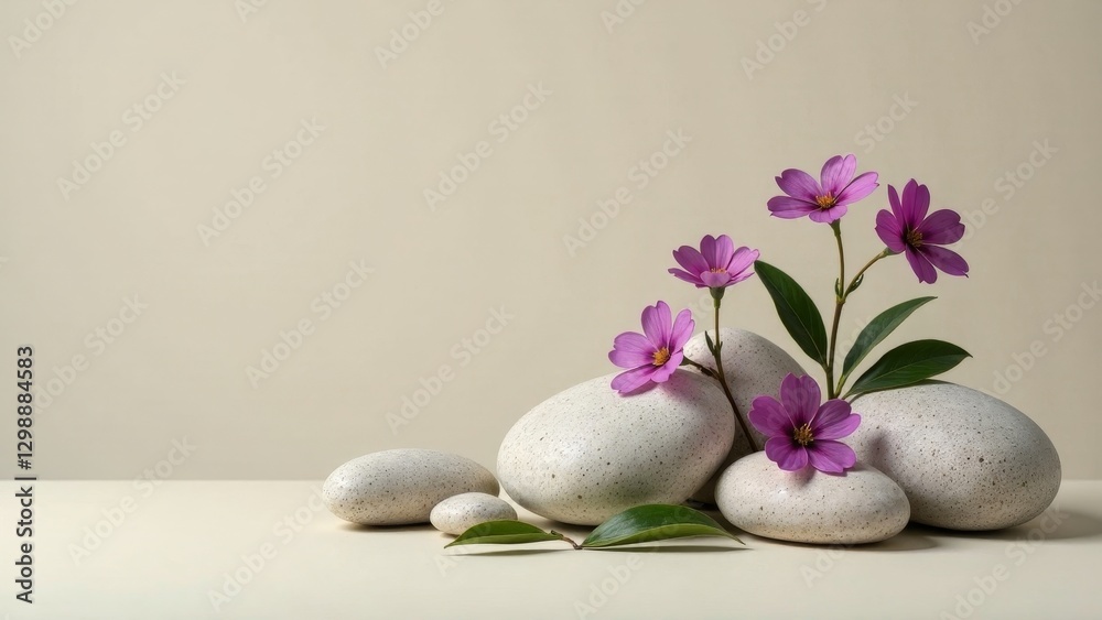 Serene arrangement of smooth, speckled stones and delicate purple blossoms, creating a tranquil and peaceful scene perfect for meditation or relaxation Serene arrangement of smooth, speckled stones and delicate purple blossoms, creating a tranquil and peaceful scene perfect for meditation or relaxation