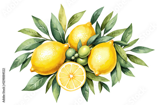 Watercolor lemon with leaves isolated
