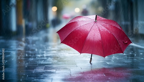 A red umbrella sits on a wet city sidewalk
