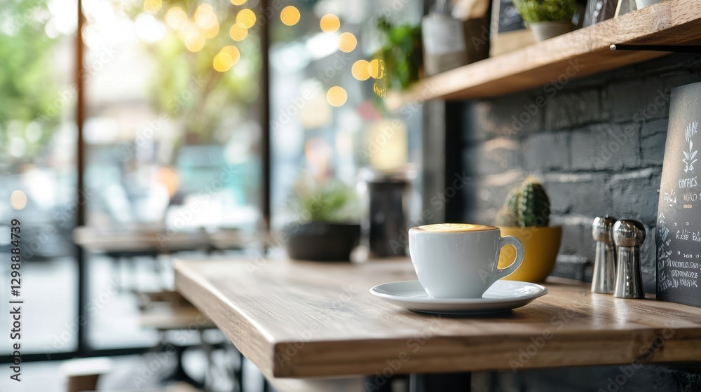 Fototapeta premium A cozy cafe scene featuring a white cup on a wooden table, surrounded by plants and warm lighting, creating a welcoming ambiance.