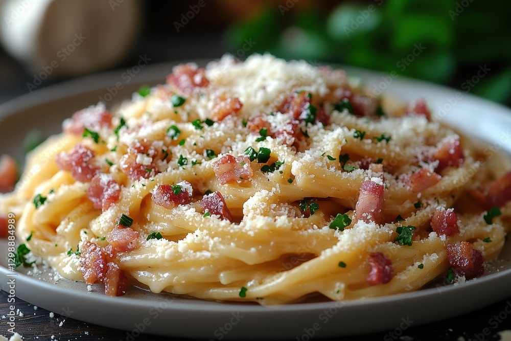 Delicious pasta carbonara with bacon topped with cheese and herbs served on a plate Delicious pasta carbonara with bacon topped with cheese and herbs served on a plate