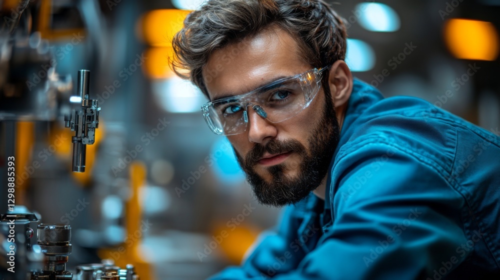 A technician examines complex machinery in an advanced manufacturing environment. The atmosphere emphasizes precision and automation in production processes. A technician examines complex machinery in an advanced manufacturing environment. The atmosphere emphasizes precision and automation in production processes.