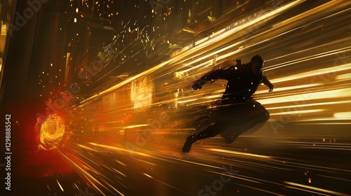 Futuristic runner in fiery tunnel; streaks of light; city background; action shot photo