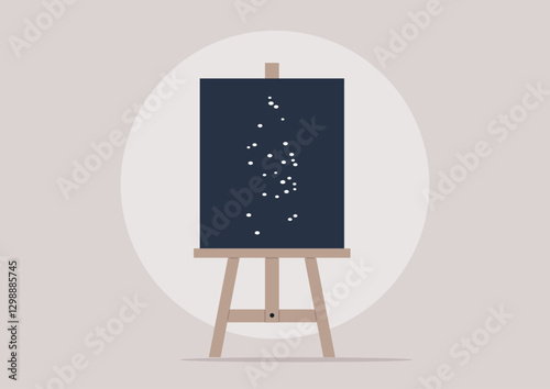 A vibrant easel displays a canvas painted with swirling white dots against a deep blue background, embodying creativity in a peaceful, inspiring studio