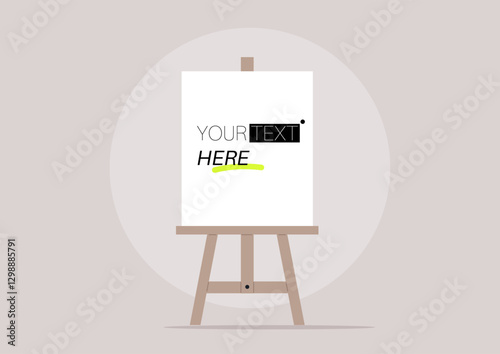 A minimalistic easel displays a blank canvas, inviting creativity, The bold design highlights customizable text, suggesting artistic possibilities in a serene environment