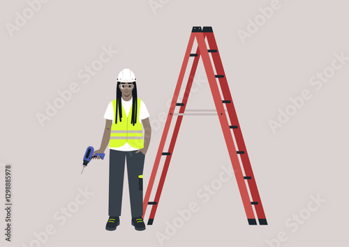 With a warm smile, a skilled engineer wearing a safety helmet and vest is poised for action next to a bright red seven-step ladder, ready to tackle the day's challenges at a construction site